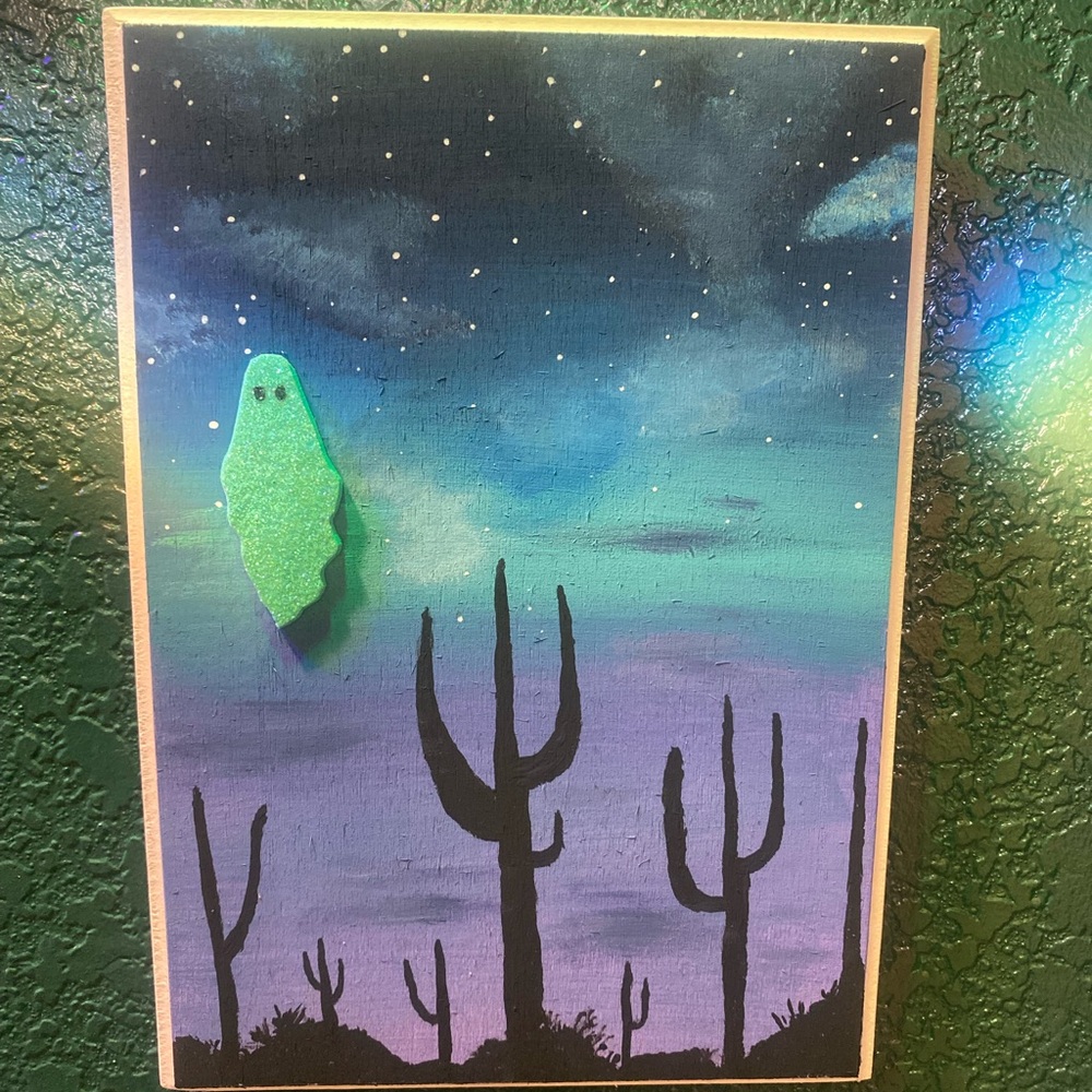 Cactus Night Sky Painting with Aqua Ghost